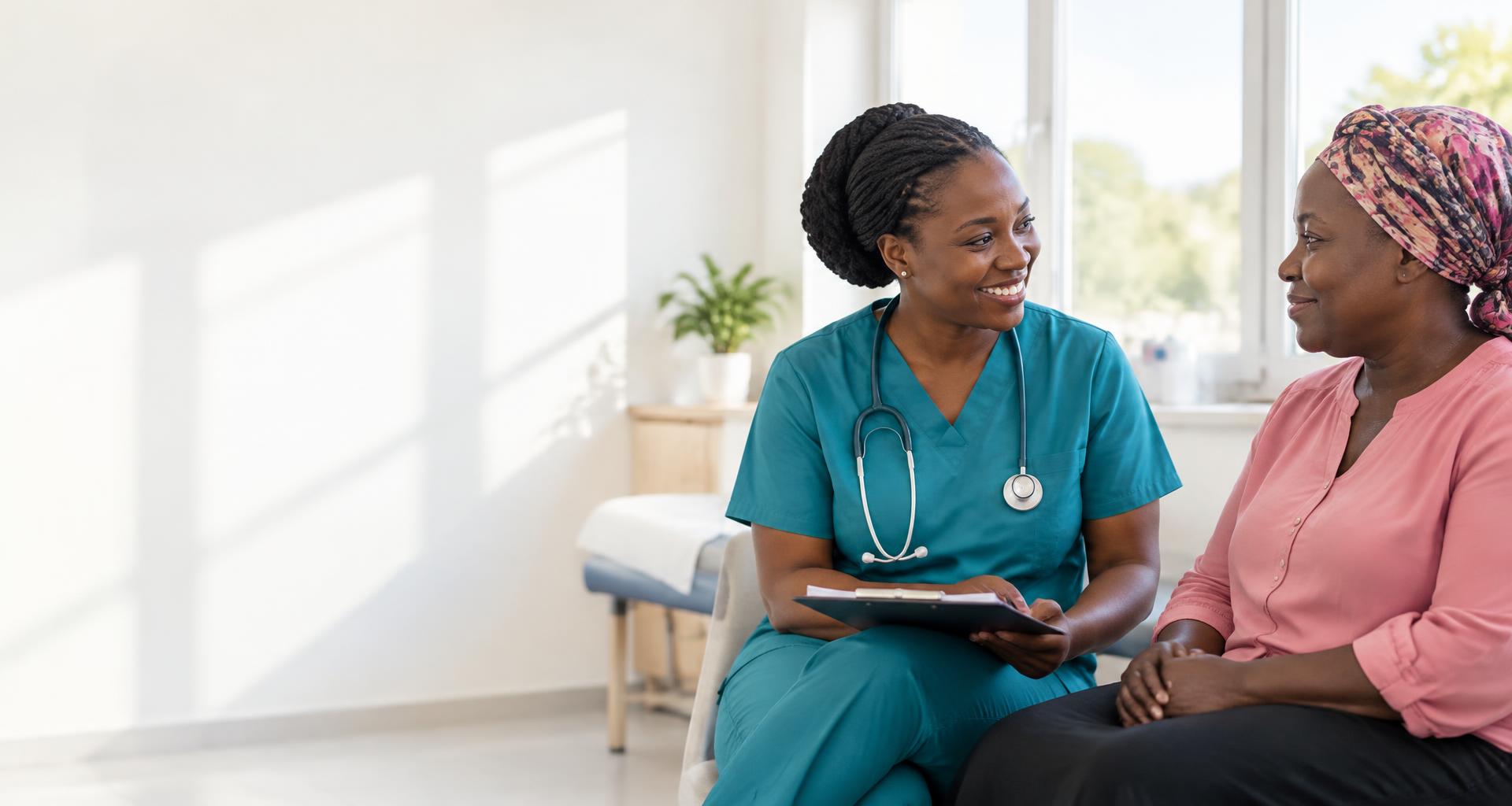 Illustration of a compassionate conversation between a Kenyan healthcare professional and a patient